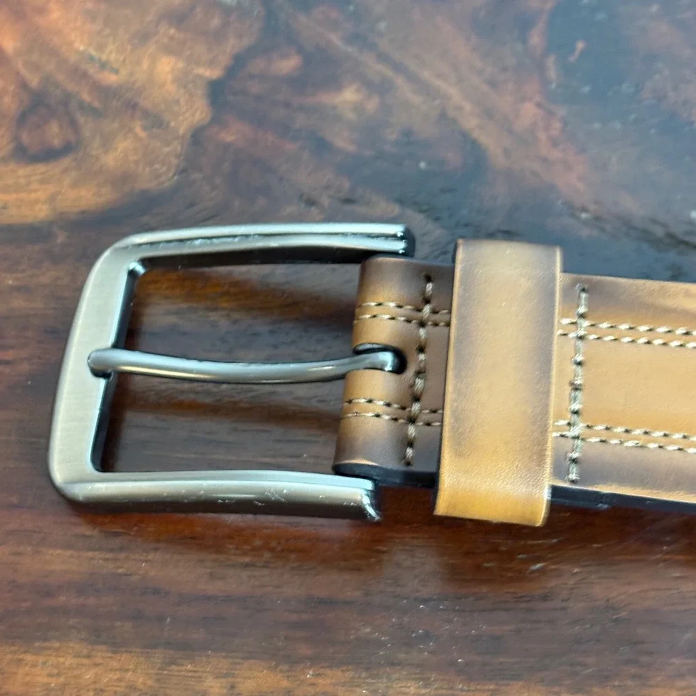 Perry‎ Ellis Mens Tan Leather Belt 34/85 Burnished Contrast Stitch 1P75906